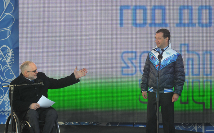 The International Paralympic Committee president, Sir Philip Craven, and Russiaâs Prime Minister, Dmitry Medvedev, at the Moscow's Red Square (RIA Novosti / Alexander Astafev)