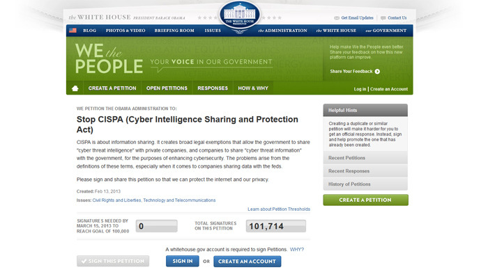 White House must respond to 'Stop CISPA' petition