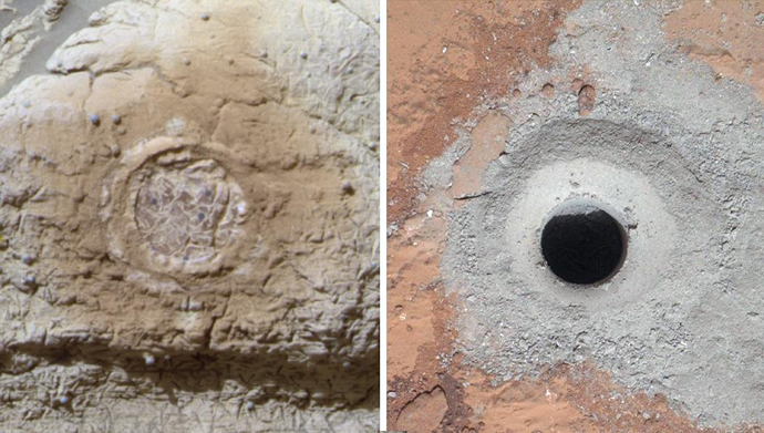 This combination image provided March 12, 2013 by NASA shows the results from the rock abrasion tool from NASA's Mars Exploration Rover Opportunity(L) and the drill from NASA's Curiosity rover(R), (AFP Photo / Handout / NASA / JPL-Caltech / Cornell / MSSS)