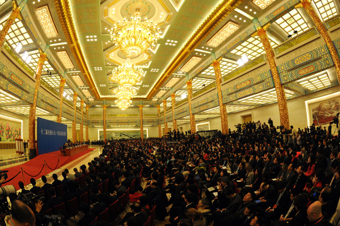 A general view of the press conference by new Chinese Premier Li Keqiang after the closing session of the National People's Congress (NPC) at the Great Hall of the People in Beijing on March 17, 2013. (AFP Photo/Mark Ralston)