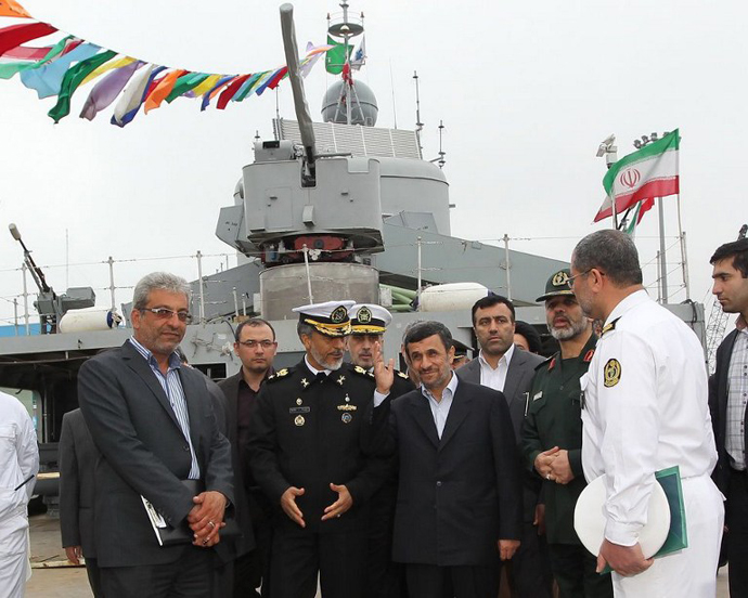 Iranian President Mahmoud Ahmadinejad during the inauguration of the Jamaran-2 guided missile destroyer, in the port city of Anzali, about 150 miles (250 kilometers) northwest of the capital Tehran on March 17, 2013. (AFP Photo)