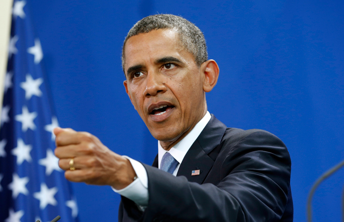 U.S. President Barack Obama speaks during a joint news conference with German Chancellor Angela Merkel at the Chancellery in Berlin June 19, 2013 (Reuters / Kevin Lamarque)