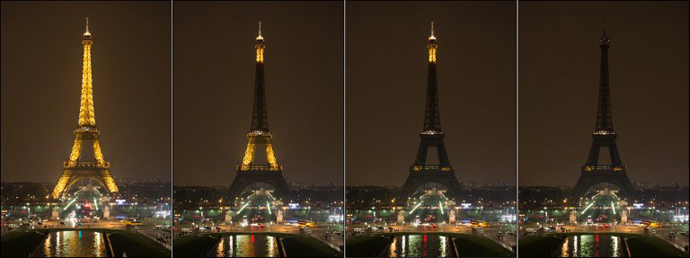 Combination photo shows The Eiffel Tower submerging into darkness at 8:30 pm (local time) as part of the Earth Hour switch-off on March 23, 2013 in Paris. (AFP Photo / Bertrand Langlois)