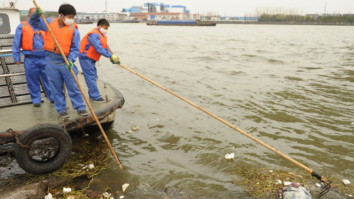 Sanitation workers (L) collect a dead pig from Shanghai's main waterway.(AFP Photo / Peter Parks)