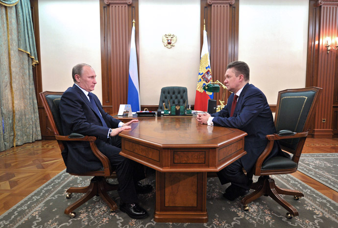 April 3, 2013. Russian President Vladimir Putin, left, meets with Gazprom CEO Alexey Miller. (RIA Novosti/Aleksey Nikolskyi)