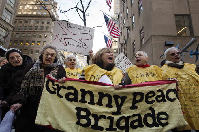 Members of the group "Grandmothers Against the War" hold signs as they protest against the use of drone strikes by the U.S. government in New York April 3, 2013. (Reuters)