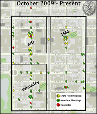 NYPD graphic showing gang activity in Manhattan's East Harlem section