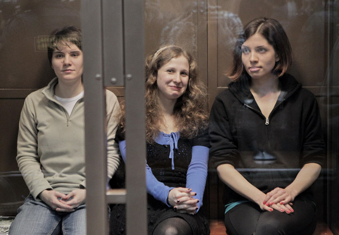 From left: Pussy Riot punk band members Yekaterina Samutsevich, Mariya Alyokhina and Nadezhda Tolokonnikova, convicted of hooliganism in Christ the Savior Cathedral and sentenced to two years' imprisonment, are present at their appeal hearing in the Moscow City Court. (RIA Novosti/Andrey Stenin)