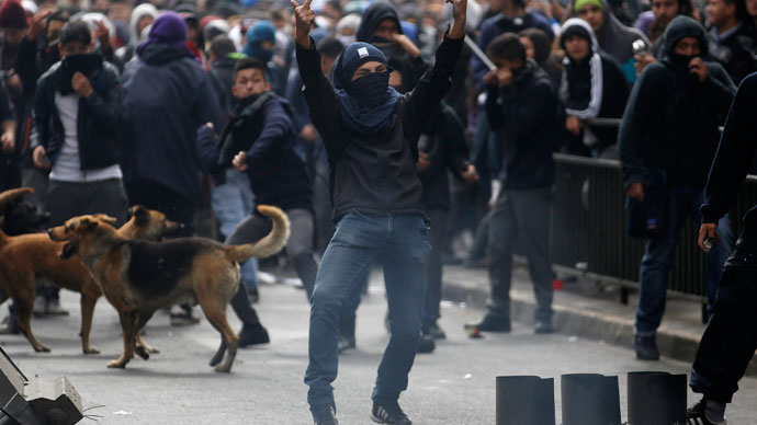 A student protester gestures to riot police officers during a rally in which demonstrators demanded that the government make changes to the public state education system, in Santiago April 11, 2013.(Reuters / Ivan Alvarado)