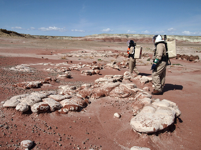 The MDRS crew exploring the Mars-like surface of a Utah desert. (Image from Flickr user MDRS.Photos)