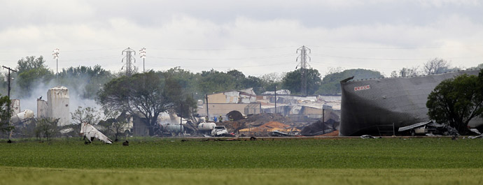 The remains of a fertilizer plant smolder after a massive explosion in the town of West, near Waco, Texas April 18, 2013. (Reuters/Mike Stone)