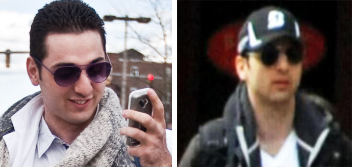 A photo of Tamerlan Tsarnaev (by Johannes Hurnes / Barcroft Media, left) and an FBI-released photo of the Boston bombing suspect (right).