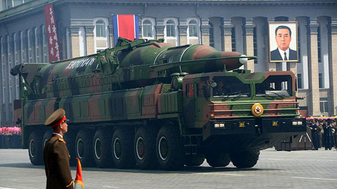 A North Korean missile Taepodong class is displayed during a military parade on April 15, 2012. (AFP Photo / Pedro Ugarte)