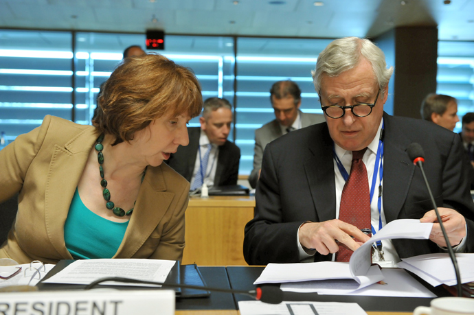High Representative of the European Union for Foreign Affairs and Security Policy Catherine Ashton (L) talks to General Secretary for EU external Affairs Pierre Vimont (LtR) prior an Foreign Affairs Council on April 22, 2013 at the Kirchberg conference center in Luxembourg (AFP Photo Georges Gobet) 