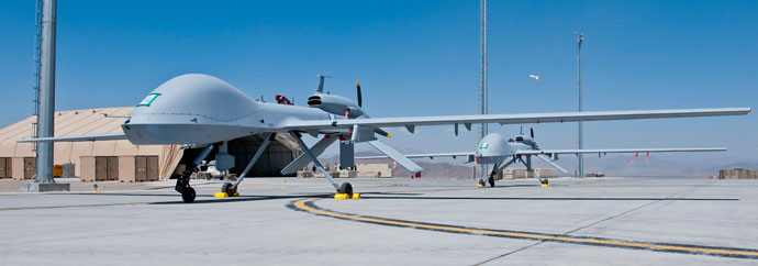 Two freshly assembled Grey Eagle unmanned aerial vehicles sit on the tarmac at Forward Operating Base Shan in Logar Province, Afghanistan.(AFP Photo / Sgt. Ken Scar)