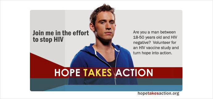 The HVTN 505 study appealing for HIV negative volunteers to participate in the now defunct 'Phase 3' of its investigation. Image from www.hopetakesaction.org