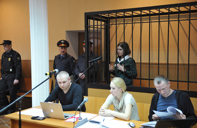 Pussy Riot member Nadezhda Tolokonnikova at a hearing of her parole application at the Zubovo-Polyansky District Court in Mordovia on April 26, 2013. (RIA Novosti / Maxim Blinov)