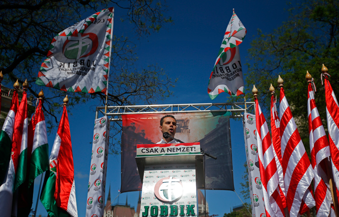 Gabor Vona, chairman of Hungary's far-right Jobbik party, delivers a speech to hundreds of far-right supporters during a rally against the World Jewish Congress Plenary Assembly in Budapest May 4, 2013 (Reuters / Laszlo Balogh)