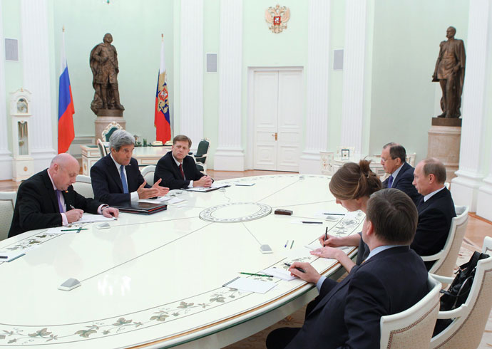 May 7, 2013. Russian President Vladimir Putin, third left, seen during a meeting withthe US Secretary of State John Kerry, second left, in the Kremlin. Background right: Sergei Lavrov, Russian Foreign Minister.(RIA Novosti / Mikhail Klimentyev)