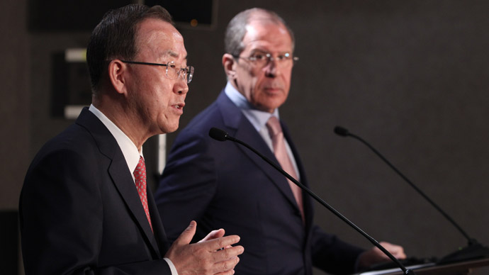 UN Secretary-General Ban Ki-moon, left, and Russian Foreign Minister Sergey Lavrov at a news conference following the talks in Sochi. (RIA Novosti)