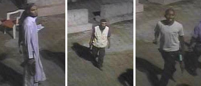 These images released by the FBI on May 1, 2013, show three unknown suspects sought in the Benghazi, Libya, attack on the US Consulate on September 1, 2012. (AFP PHOTO / FBI)
