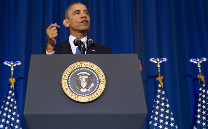 US President Barack Obama speaks about his administration's drone and counterterrorism policies, as well as the military prison at Guantanamo Bay, at the National Defense University in Washington, DC, May 23, 2013 (AFP Photo / Saul Loeb)