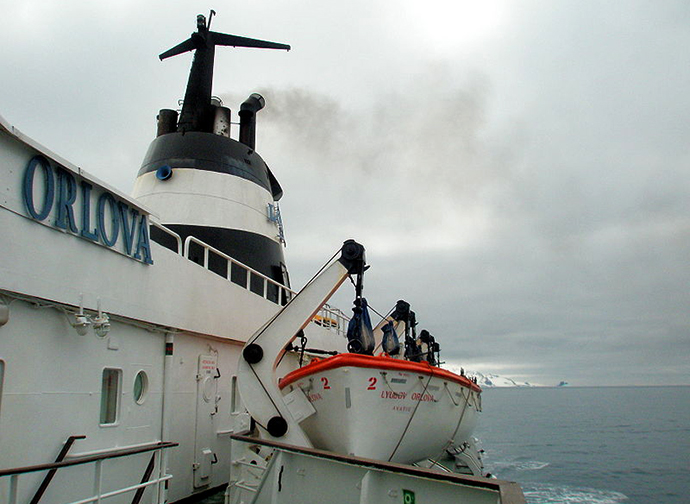Motor Vessel Lyubov Orlova and it's lifeboats; the first one had a two-cyllinder Diesel engine which was being repaired by the russian crew, February, 2010. (Image from wikipedia.org / photo by Lilpop,Rau&Loewenstein)