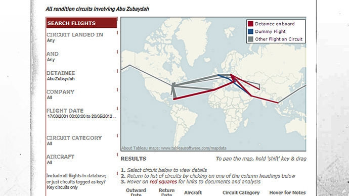 A screenshot from the new database which lets users track flights by data, detainee, and location. Image from therenditionproject.org.uk