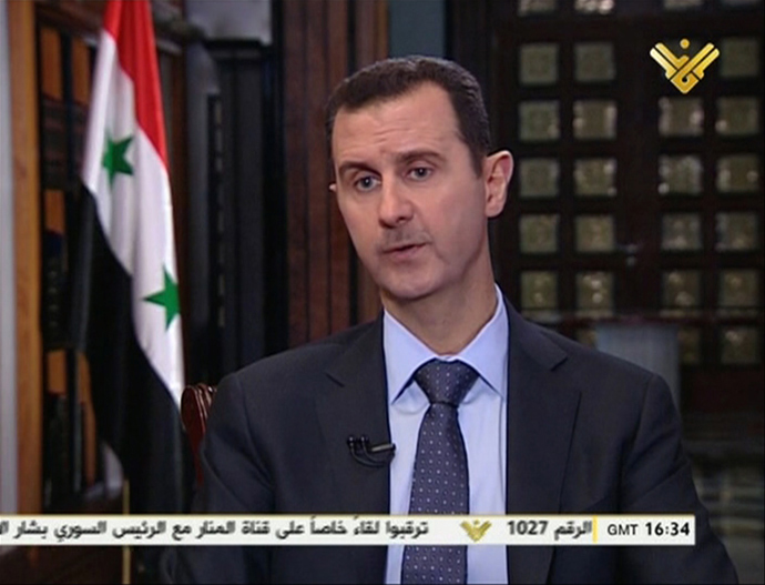 An image grab taken on May 30, 2013 from Lebanon's Shiite Muslim party Hezbollah's al-Manar TV shows Syrian President Bashar al-Assad speaking during a preview of an interview to be aired later today with al-Manar in Damascus (AFP Photo)