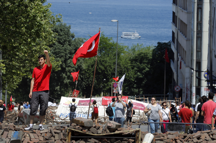 A man poses for a picture on top of a barricade set by anti-government protesters near Istanbul's Taksim square June 8, 2013. (Reuters / Yannis Behrakis)