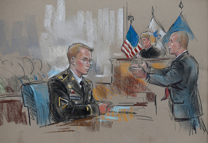 A courtroom sketch depicts Private First Class Bradley Manning, 25, (L) and his attorney David Coombs during the first day of Manning's trial at Fort Meade in Maryland, June 3, 2013 (Reuters / William Hennessy)