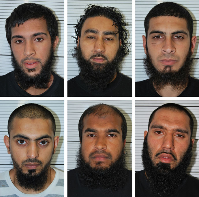 he undated custody photographs of six men (top row L-R) Zohaib Ahmed, Omar Khan, Mohammed Saud (bottom row L-R) Mohammed Hasseen, Jewel Uddin and Anzal Hussain, who all admitted in court on April 30, 2013.(AFP Photo / West Midlsnds Police)