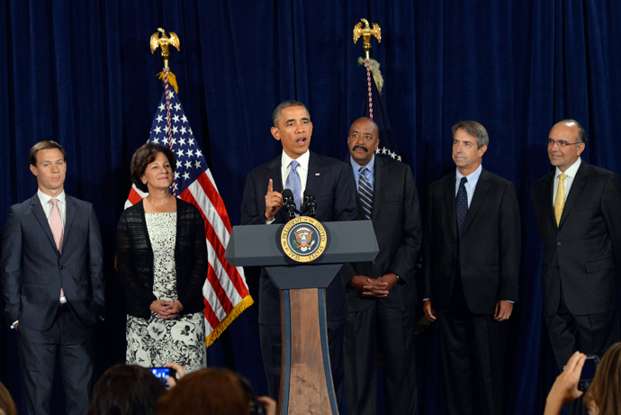 US President Barack Obama makes a statement to reporters on the Affordable Care Act at Fairmont Hotel in San Jose, California, on June 7, 2013 (AFP Photo / Jewel Samad) 