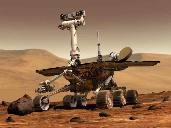 An artist's concept portrays a NASA Mars Exploration Rover on the surface of Mars. Image credit: NASA/JPL/Cornell University