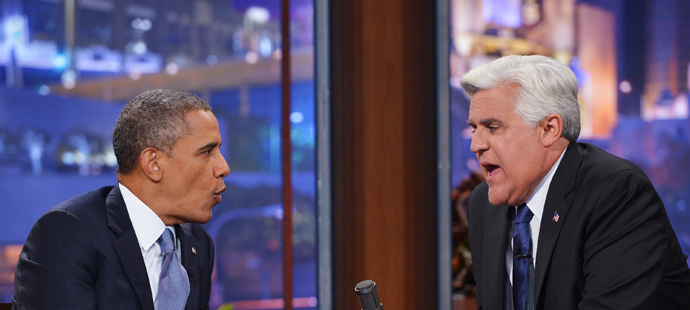 US President Barack Obama chats with host Jay Leno during a taping of âThe Tonight Show with Jay Lenoâ at NBC Studios on August 6, 2013 (AFP Photo / Mandel Ngan) 