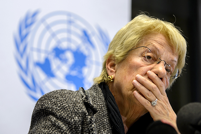 Former United Nations (UN) Swiss prosecutor and member of a UN-mandated commission of inquiry on the Syria conflict, Carla del Ponte. (AFP Photo / Fabrice Coffrini)