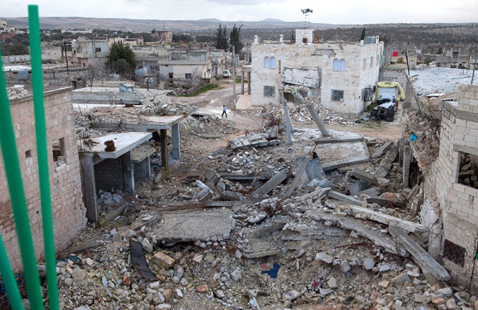 The remains of a mosque allegedly destroyed by an explosive device dropped from a Syrian jet fighter in the town of Kfar Nubul. (AFP Photo / Daniel Leal-Olivas)