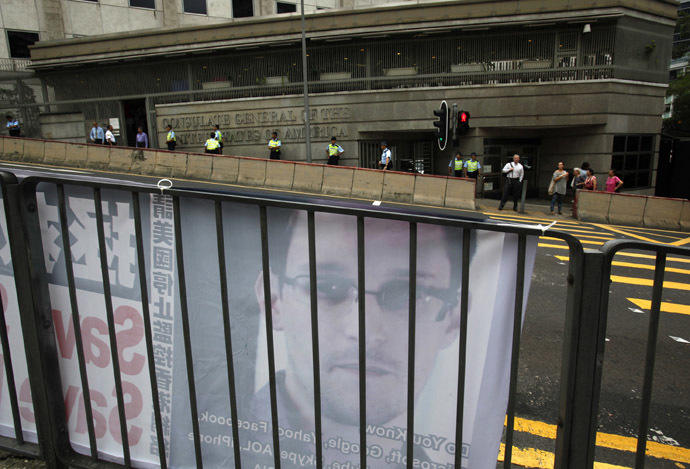 A poster supporting Edward Snowden is displayed opposite the U.S. Consulate in Hong Kong June 17, 2013. (Reuters / Bobby Yip)