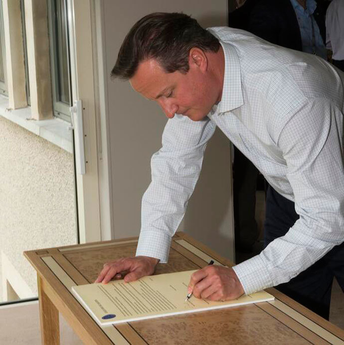 Prime Minister David Cameron is the first to sign the Long Erne Declaration. Photo from twitter.com user @Number10gov