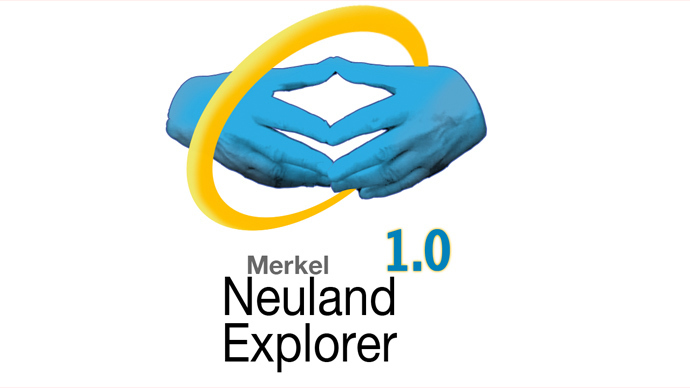 Merkel's infamous triangular hand gesture forming the logo of the fictional 'Neuland Explorer.'(Image from newsfromneuland.tumblr.com)