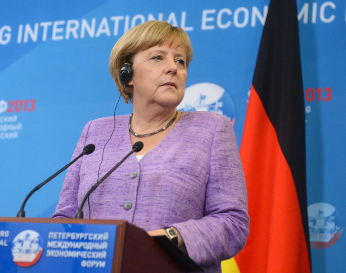 German Chancellor Angela Merkel during a joint news conference with President Vladimir Putin in St. Petersburg. (RIA Novosti/Vladimir Astapkovich)