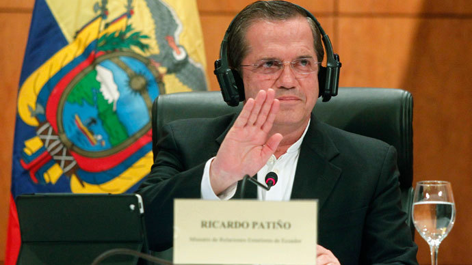 Ecuador's Foreign Minister Ricardo Patino reacts as he speaks at a news conference in Hanoi June 24, 2013. (Reuters / Kham)