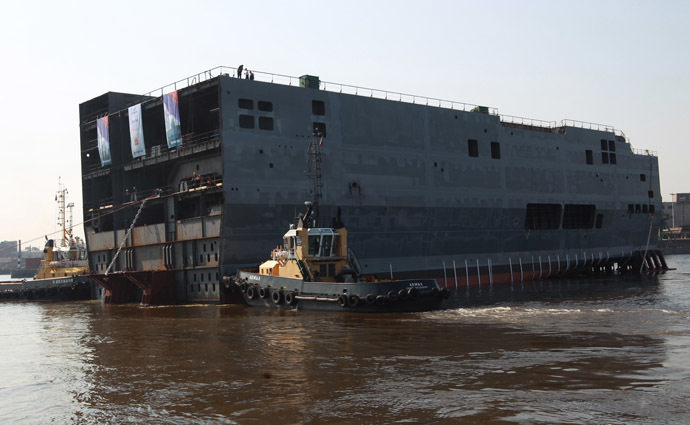 Launching the stern of the first Russian Mistral type dock assault helicopter carrier "Vladivostok" at the Baltic Shipyard. (RIA Novosti)