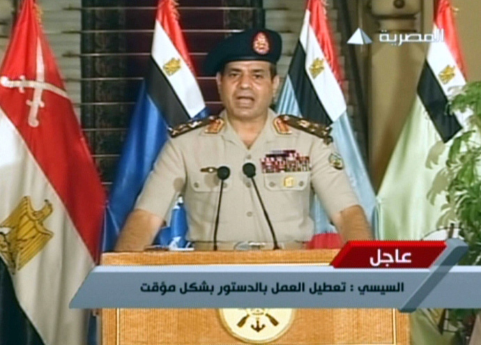 An image grab taken from Egyptian state TV shows Egyptian Defence Minister Abdelfatah al-Sissi delivering a statement on July 3, 2013 announcing the ousting of Islamist President Mohamed Morsi (AFP Photo / Egyptian TV)