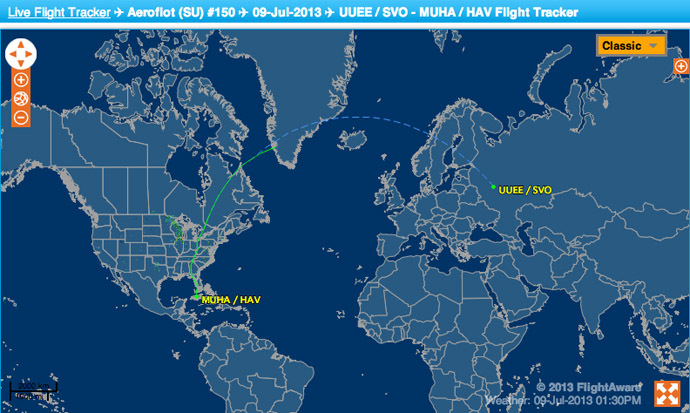 The usual route for Aeroflot 150 from Moscow to Havana, according to flightaware.com flight tracker.