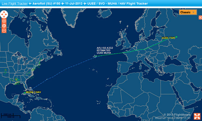 The July 11 route for Aeroflot 150 from Moscow to Havana, according to flightaware.com flight tracker.