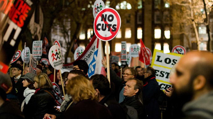 Anti-austerity cut protestors demonstrate outside the offices of the European Commission Representation in the UK in central London (AFP Photo/Leon Neal)