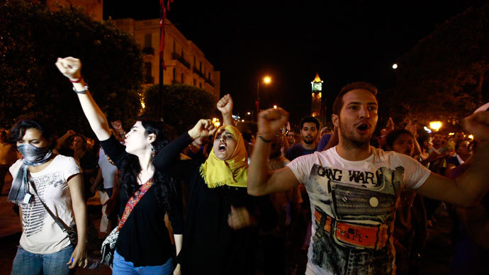 Tunisians gather to protest the killing of opposition politician Mohamed Brahimi in Tunis, July 25, 2013.(Reuters / Anis Mili)