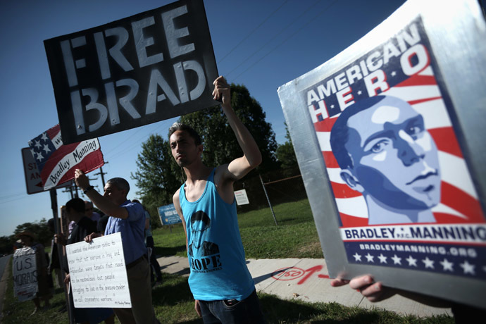 Yoni Miller (R) of Social Movement Technologies, along with other supporters of U.S. Army Pfc. Bradley E. Manning, hold signs to show support during a demonstration outside the main gate of Ft. Meade July 30, 2013 in Maryland. (Alex Wong/Getty Images/AFP)