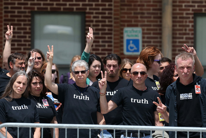 People show support for for U.S. Army Private First Class Bradley Manning after he was found guilty of 20 out of 21 charges at his military trial, July 30, 2013 at Fort George G. Meade, Maryland. (Mark Wilson/Getty Images/AFP)